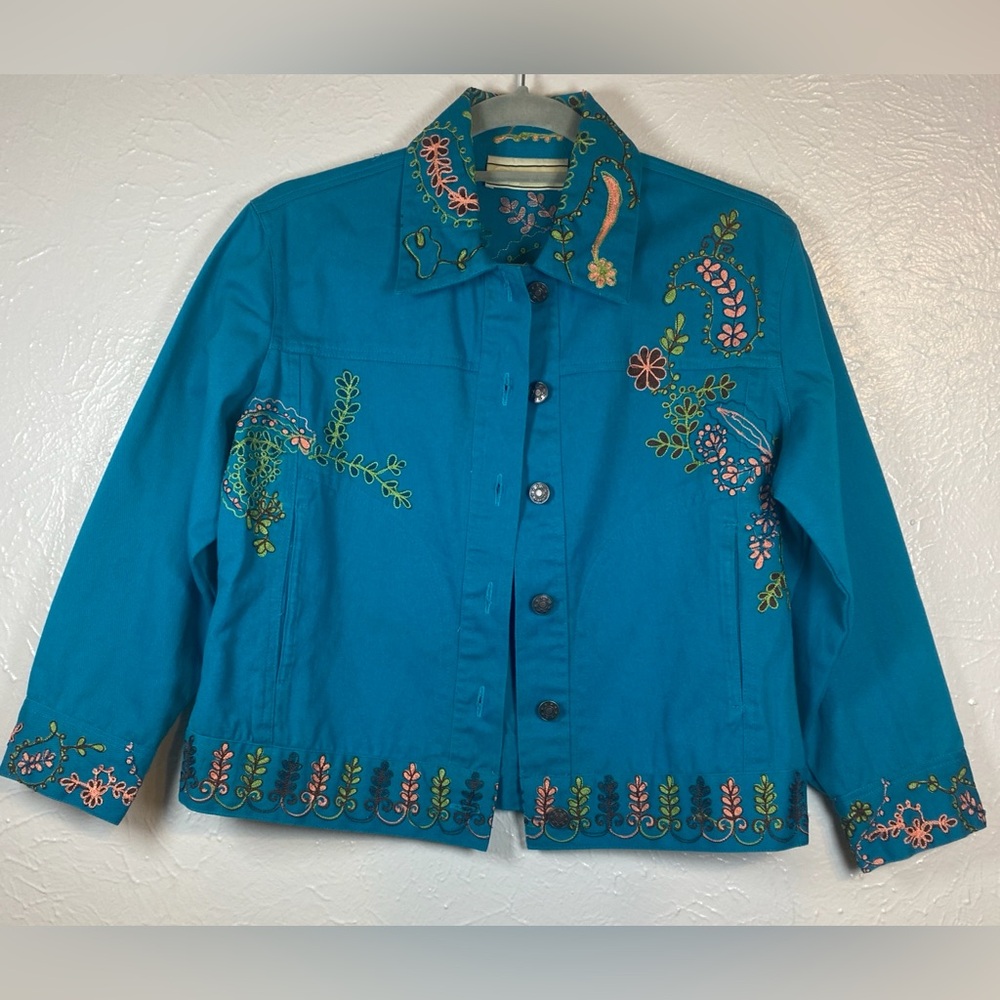 Carrie Allen Denim Jacket Size S Blue Embroidered Design